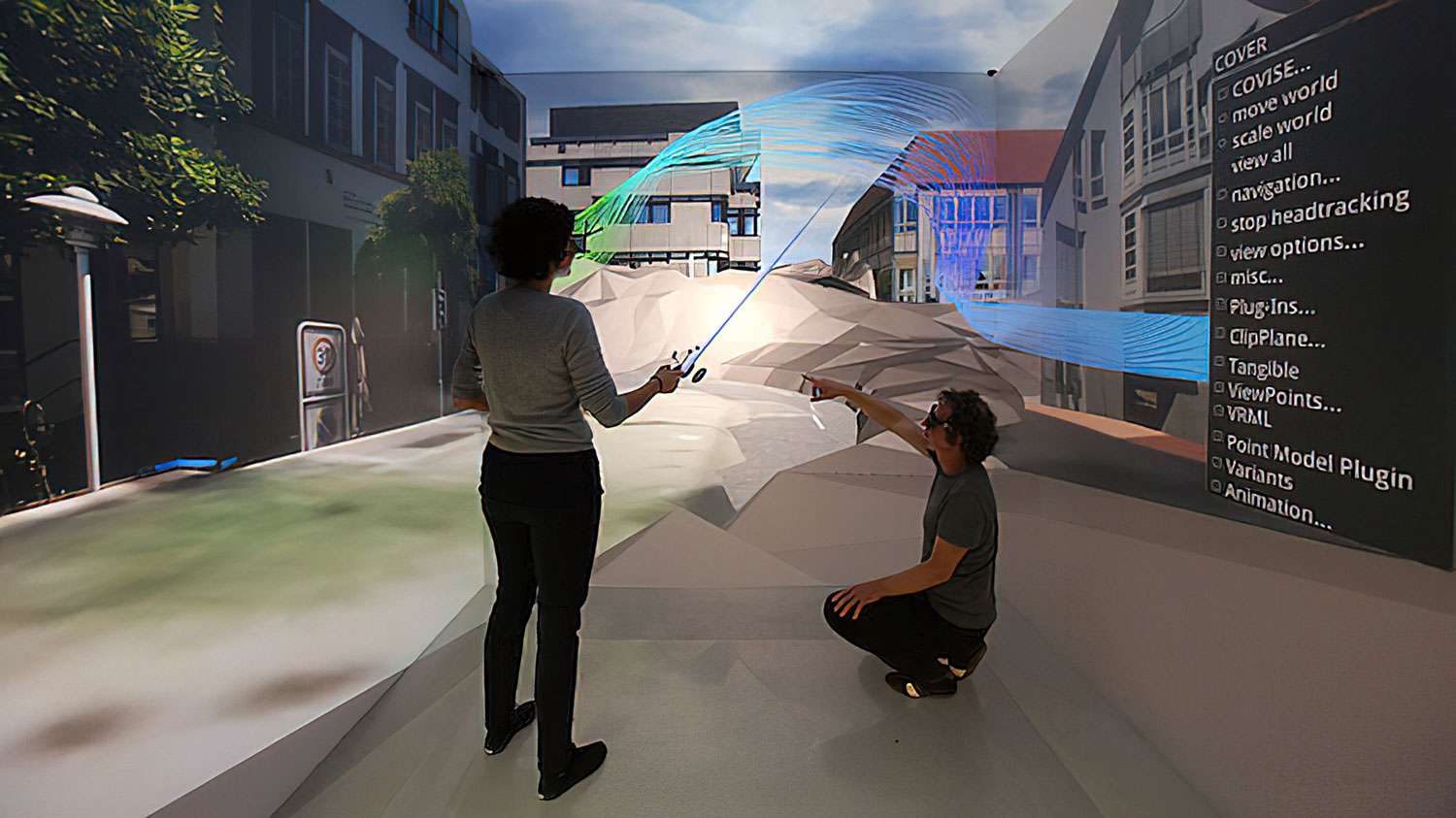 Der digitale Zwilling von Herrenberg beinhaltet ein Modell von Feinstaub und Windströmungen in einem interaktiven 3D-Modell der Stadt in der virtuellen Realität.